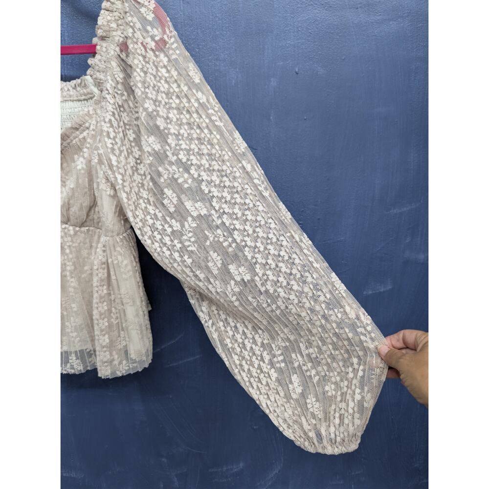Forte Lace Smocked Babydoll Top XL Boho Cottagecore Balloon Sleeve Beige - Picture 6 of 12